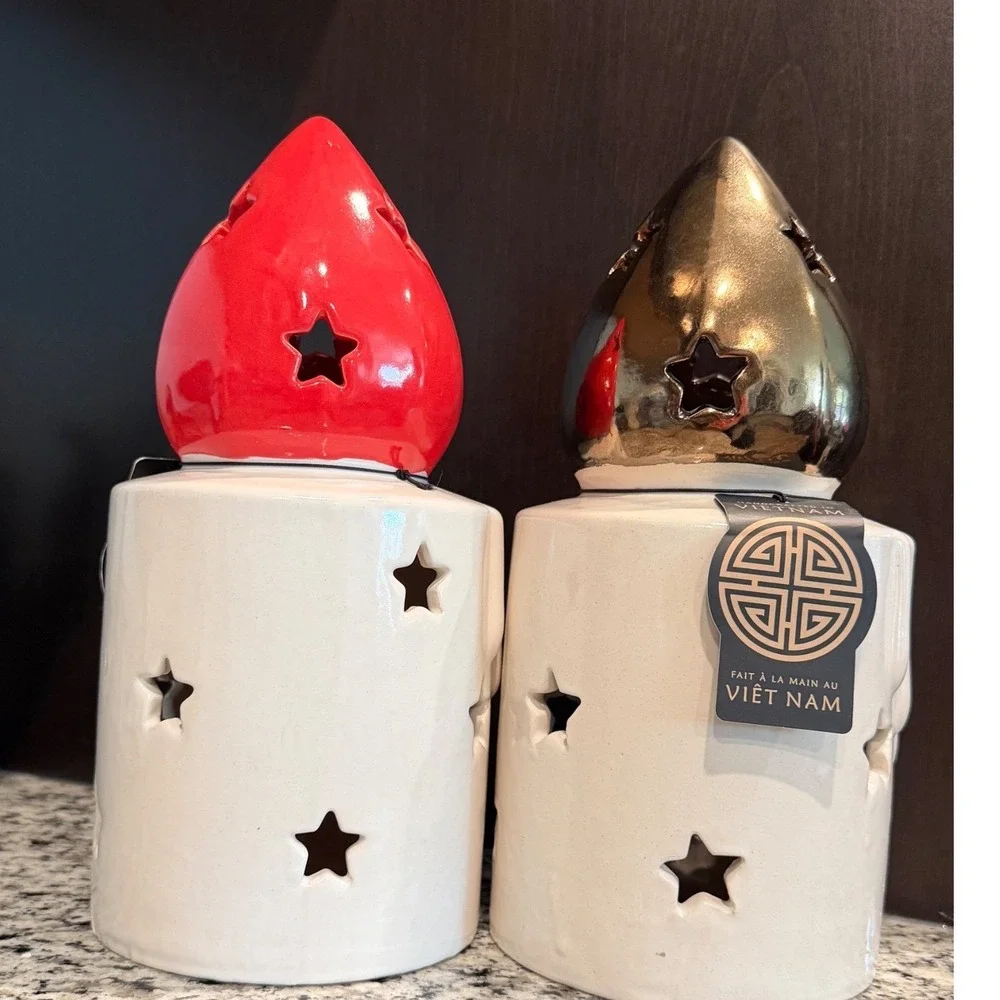 Handcrafted Ceramic Star‎ Cutout Candle Holders Set of 2 Red Gold Vietnam Decor